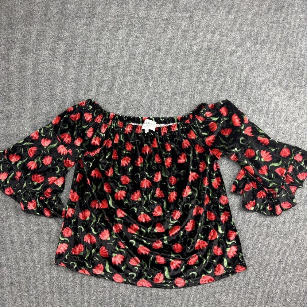 Hayden Los Angeles Top Womens Small Black Velvet Floral Off Shoulder Bell Sleeve